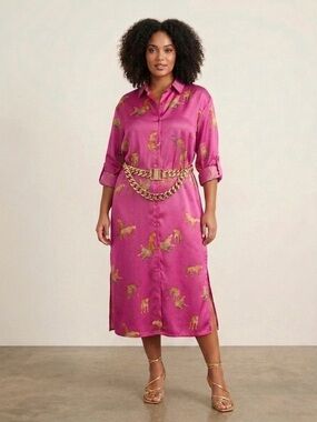 Umgee Hot Pink Satin Leopard Shirt Dress Size 1XL NWT